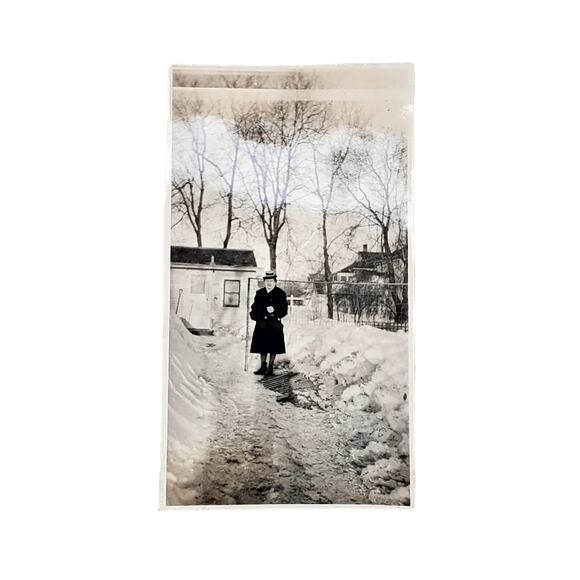 Vtg Lady Posing After Snow Storm Original Monochrome Photography Found Snapshot - Picture 1 of 4